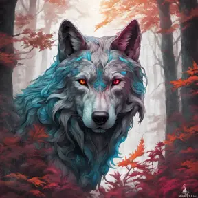 Wolf in the forest, Highly Detailed, Intricate, Gothic, Volumetric Lighting, Color Splash, Vibrant Colors, Ink Art, Fantasy, Dark by Stanley Artgerm Lau