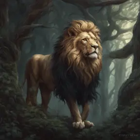 Lion in the forst, Highly Detailed, Intricate, Gothic, Volumetric Lighting, Fantasy, Dark by Stanley Artgerm Lau