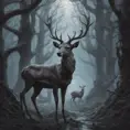 Deer in a haunted forest, Highly Detailed, Intricate, Gothic, Volumetric Lighting, Fantasy, Dark by Stanley Artgerm Lau
