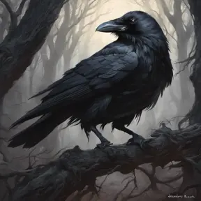 Raven in a haunted forest, Highly Detailed, Intricate, Gothic, Volumetric Lighting, Fantasy, Dark by Stanley Artgerm Lau
