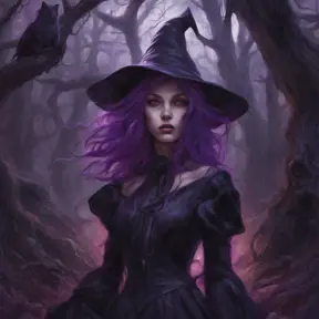 Purple haired witch in a haunted forest, Highly Detailed, Intricate, Gothic, Volumetric Lighting, Fantasy, Dark by Stanley Artgerm Lau