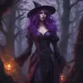 Purple haired witch in a haunted forest, Highly Detailed, Intricate, Gothic, Volumetric Lighting, Fantasy, Dark by Stanley Artgerm Lau