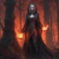 Fire mage in a haunted forest, Highly Detailed, Intricate, Gothic, Volumetric Lighting, Fantasy, Dark by Stanley Artgerm Lau