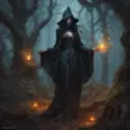 Sorceress in a haunted forest, Highly Detailed, Intricate, Gothic, Volumetric Lighting, Fantasy, Dark by Stanley Artgerm Lau