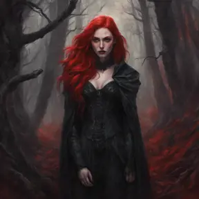 Red haired vampire in a haunted forest, Highly Detailed, Intricate, Gothic, Volumetric Lighting, Fantasy, Dark by Stanley Artgerm Lau