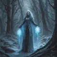 Ice mage in a haunted forest, Highly Detailed, Intricate, Gothic, Volumetric Lighting, Fantasy, Dark by Stanley Artgerm Lau