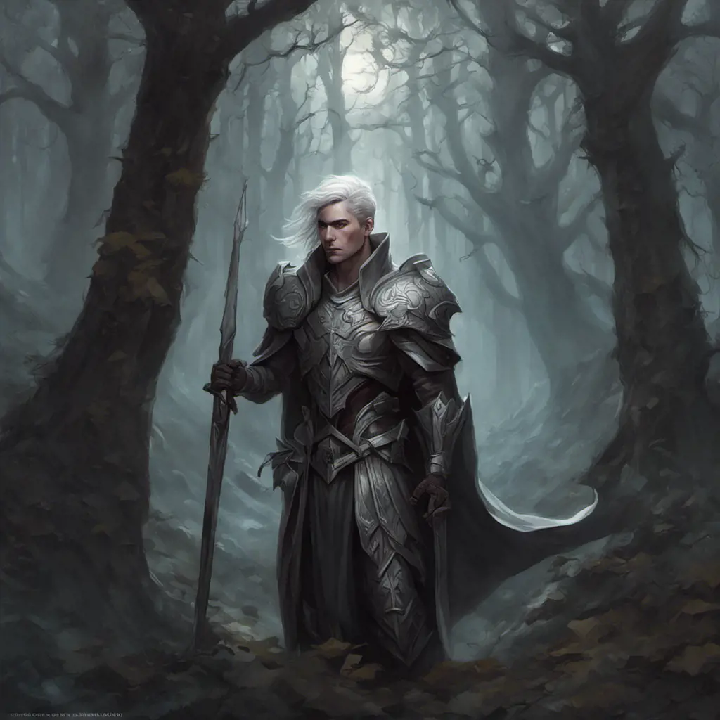Ashen haired paladin in a haunted forest, Highly Detailed, Intricate, Gothic, Volumetric Lighting, Fantasy, Dark by Stanley Artgerm Lau