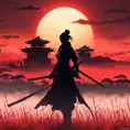 Silhouette of a samurai female assassin on a batte field. Sky is colored by a red sun set., 8k, Dystopian, Trending on Artstation, Volumetric Lighting