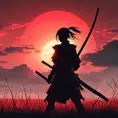 Silhouette of a samurai female assassin on a batte field. Sky is colored by a red sun set., 8k, Dystopian, Trending on Artstation, Volumetric Lighting