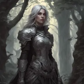 Ashen haired female paladin in a haunted forest, Highly Detailed, Intricate, Gothic, Volumetric Lighting, Fantasy, Dark by Stanley Artgerm Lau