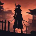 Silhouette of a samurai female assassin in the style of Fire watch, 8k, Dystopian, Trending on Artstation, Volumetric Lighting