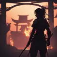 Silhouette of a samurai female assassin in the style of Fire watch, 8k, Dystopian, Trending on Artstation, Volumetric Lighting