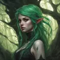 Green haired half-elf in a haunted forest, Highly Detailed, Intricate, Gothic, Volumetric Lighting, Fantasy, Dark by Stanley Artgerm Lau