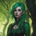 Green haired half-elf in a haunted forest, Highly Detailed, Intricate, Gothic, Volumetric Lighting, Fantasy, Dark by Stanley Artgerm Lau