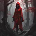 Red hooded female ninja in a haunted forest, Highly Detailed, Intricate, Gothic, Volumetric Lighting, Fantasy, Dark by Stanley Artgerm Lau