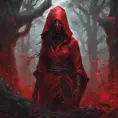 Red hooded female ninja in a haunted forest, Highly Detailed, Intricate, Gothic, Volumetric Lighting, Fantasy, Dark by Stanley Artgerm Lau