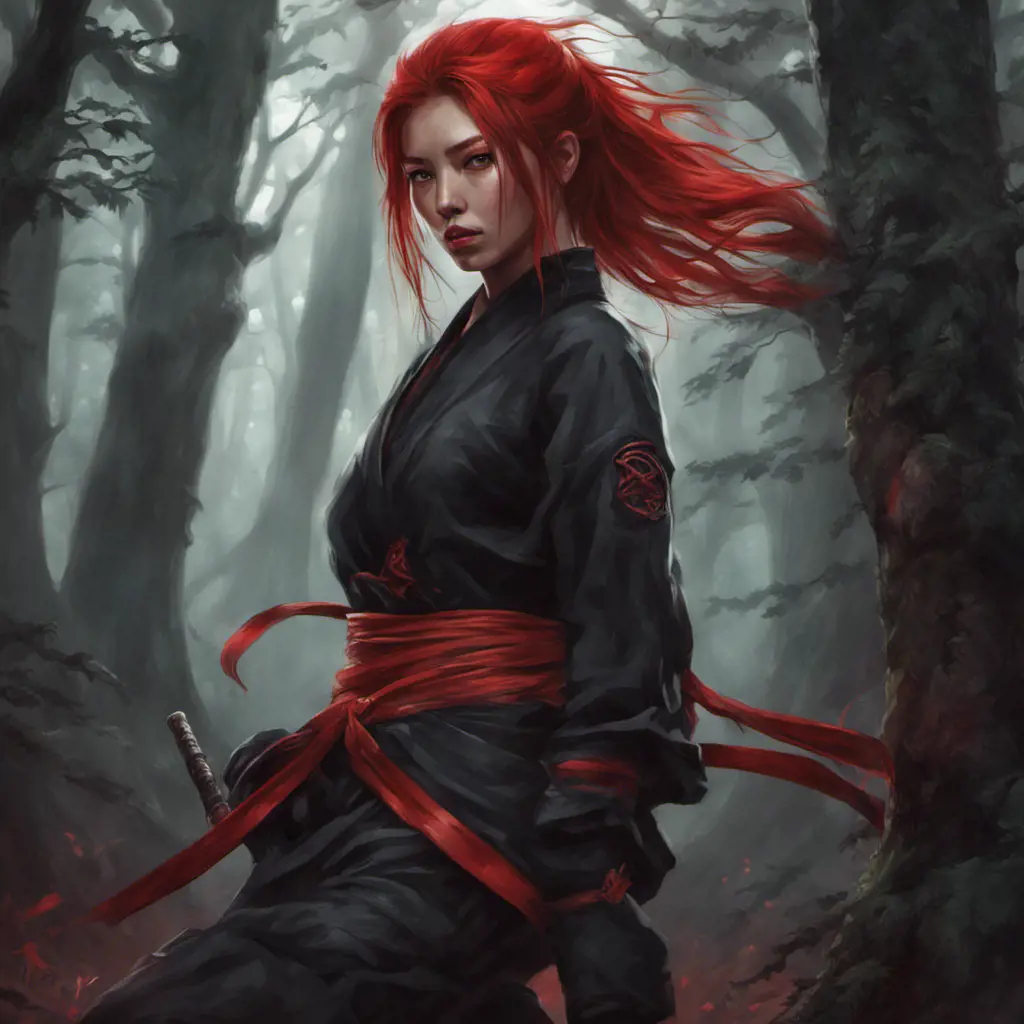 Red haired armed kunoichi ninja in a haunted forest, Highly Detailed, Intricate, Gothic, Volumetric Lighting, Fantasy, Dark by Stanley Artgerm Lau