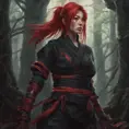 Red haired armed kunoichi ninja in a haunted forest, Highly Detailed, Intricate, Gothic, Volumetric Lighting, Fantasy, Dark by Stanley Artgerm Lau