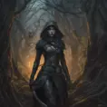 Huntress in a haunted forest, Highly Detailed, Intricate, Gothic, Volumetric Lighting, Fantasy, Dark by Stanley Artgerm Lau