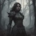 Female warrior in a haunted forest, Highly Detailed, Intricate, Gothic, Volumetric Lighting, Fantasy, Dark by Stanley Artgerm Lau
