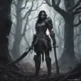 Female warrior in a haunted forest, Highly Detailed, Intricate, Gothic, Volumetric Lighting, Fantasy, Dark by Stanley Artgerm Lau