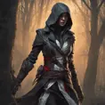 Assassin's creed female assassin in a haunted forest, Highly Detailed, Intricate, Gothic, Volumetric Lighting, Fantasy, Dark by Stanley Artgerm Lau
