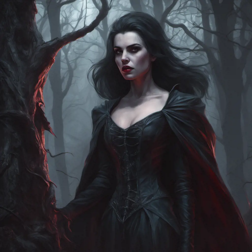 Female dracula in a haunted forest, Highly Detailed, Intricate, Gothic, Volumetric Lighting, Fantasy, Dark by Stanley Artgerm Lau