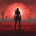 Back view of a female assassin on a bloody batte field. The sky is colored by a red sun set, Dystopian, Volumetric Lighting
