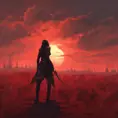 Back view of a female assassin on a bloody batte field. The sky is colored by a red sun set, Dystopian, Volumetric Lighting