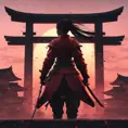 Backview of a female samurai assassin. The sky is colored by a red sun set, 8k, Dystopian, Trending on Artstation, Volumetric Lighting