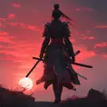 Backview of a female samurai assassin. The sky is colored by a red sun set, 8k, Dystopian, Trending on Artstation, Volumetric Lighting