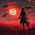 Back view of a female ninja on a bloody batte field. Flying bats in the sky that is colored by a red sun set, Dystopian, Volumetric Lighting