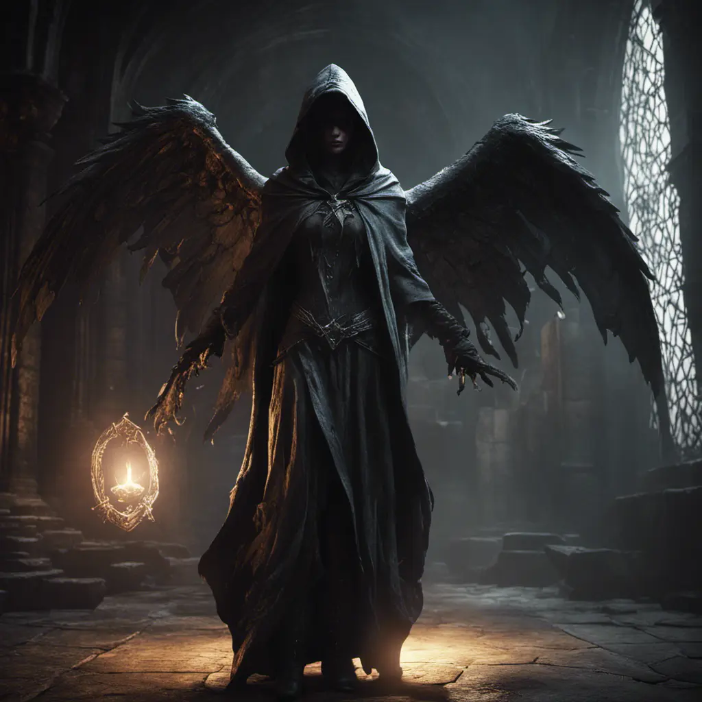 Hooded winged wraith in a dungeon, 8k, Gothic and Fantasy, Elden Ring, Photo Realistic, Dynamic Lighting by Greg Rutkowski