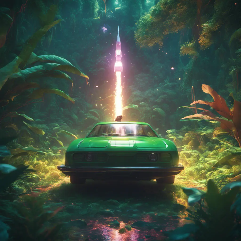 Studio ghibli, rocket explosion, jungle, solar, green technology, optimist future, 8k, Bokeh effect, Cinematic Lighting, Octane Render, Iridescence, Vibrant by Beeple, Dan Mumford, Greg Rutkowski, WLOP