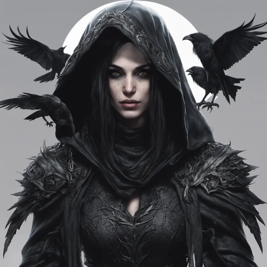 Intricate portrait of a horrifying pale assassin dusk elf, black hair, black eyes, fully covering black hooded armor, ravens, 8k, Gothic and Fantasy, Beautiful, Sci-Fi, Photo Realistic