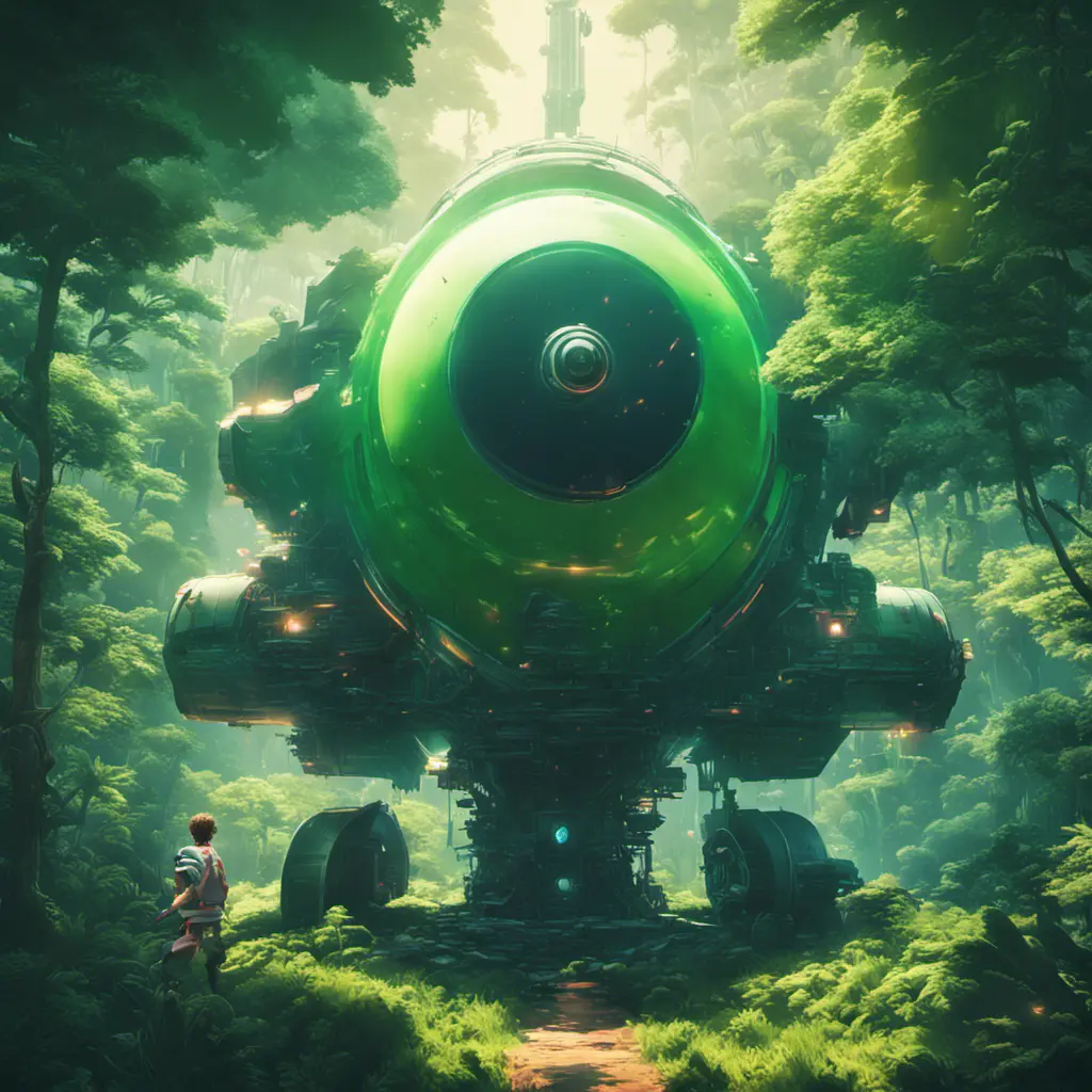 Studio ghibli, rocket explosion, jungle, solar, green technology, optimist future, 8k, Bokeh effect, Cinematic Lighting, Iridescence, Vibrant by Beeple, Dan Mumford, Greg Rutkowski, WLOP