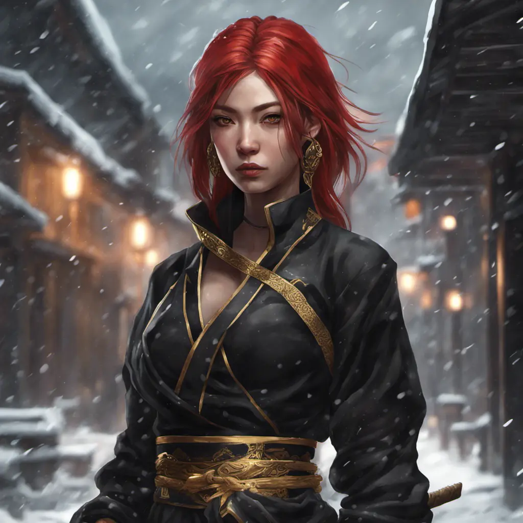 Mysterious beautiful kunoichi ninja with ashen hair wearing black and gold jewelry in the streets of a dark snowy town in russia, 8k, Intricate Details, Trending on Artstation, Red Hair by Stanley Artgerm Lau, WLOP