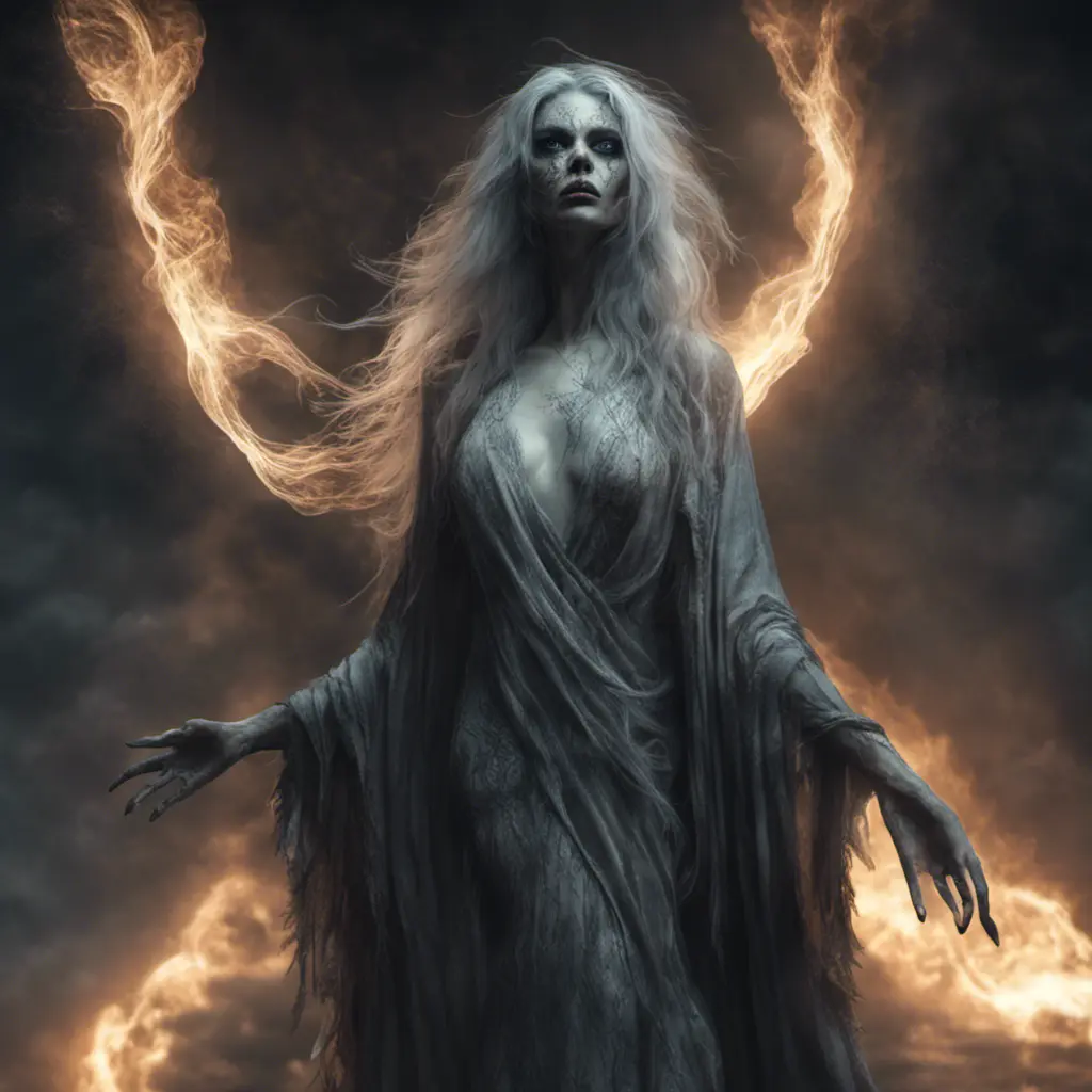 Ghostly rotting dead evil undead siren, graceful, flowing robes, wispy, glowing dark eyes, darkness, 8k, Gothic and Fantasy, Beautiful, Sci-Fi, Photo Realistic