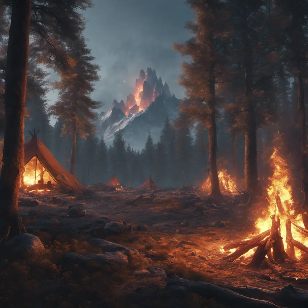 A highly detailed matte painting of a camp fire in an epic mountain forest, 4k resolution, Masterpiece, Trending on Artstation, Cyberpunk, Octane Render, Volumetric Lighting