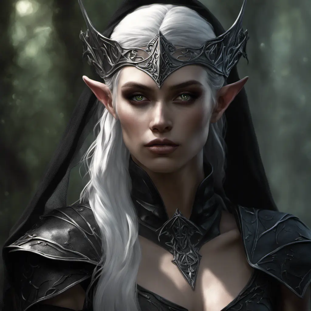 Dungeons and dragons forest elf character full body portrait, white skin, dark gothic black armor, wearing a black veil, dramatic light, dungeon background, 8k, Gothic and Fantasy, Elden Ring, Photo Realistic, Dynamic Lighting by Stanley Artgerm Lau, Greg Rutkowski