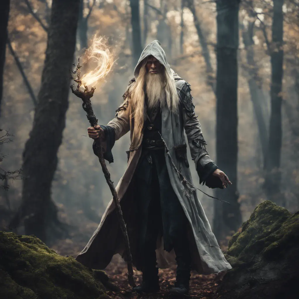 A masculine blonde wizard inside the forest, fighting an evil spirit with a magical staff, 8k, Gothic and Fantasy, Beautiful, Sci-Fi, Photo Realistic