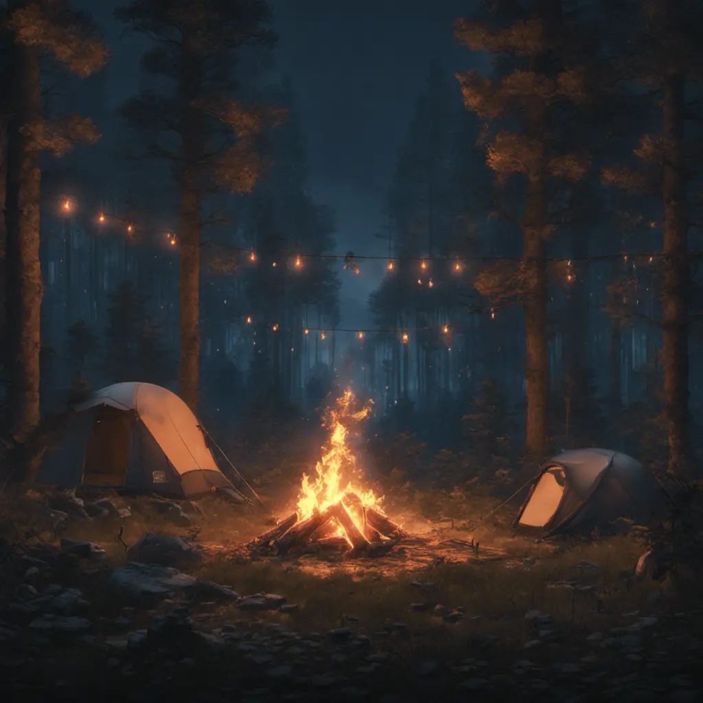 A highly detailed matte painting of a camp fire in the forest at night by studio ghibli, 4k resolution, Masterpiece, Trending on Artstation, Cyberpunk, Octane Render, Volumetric Lighting