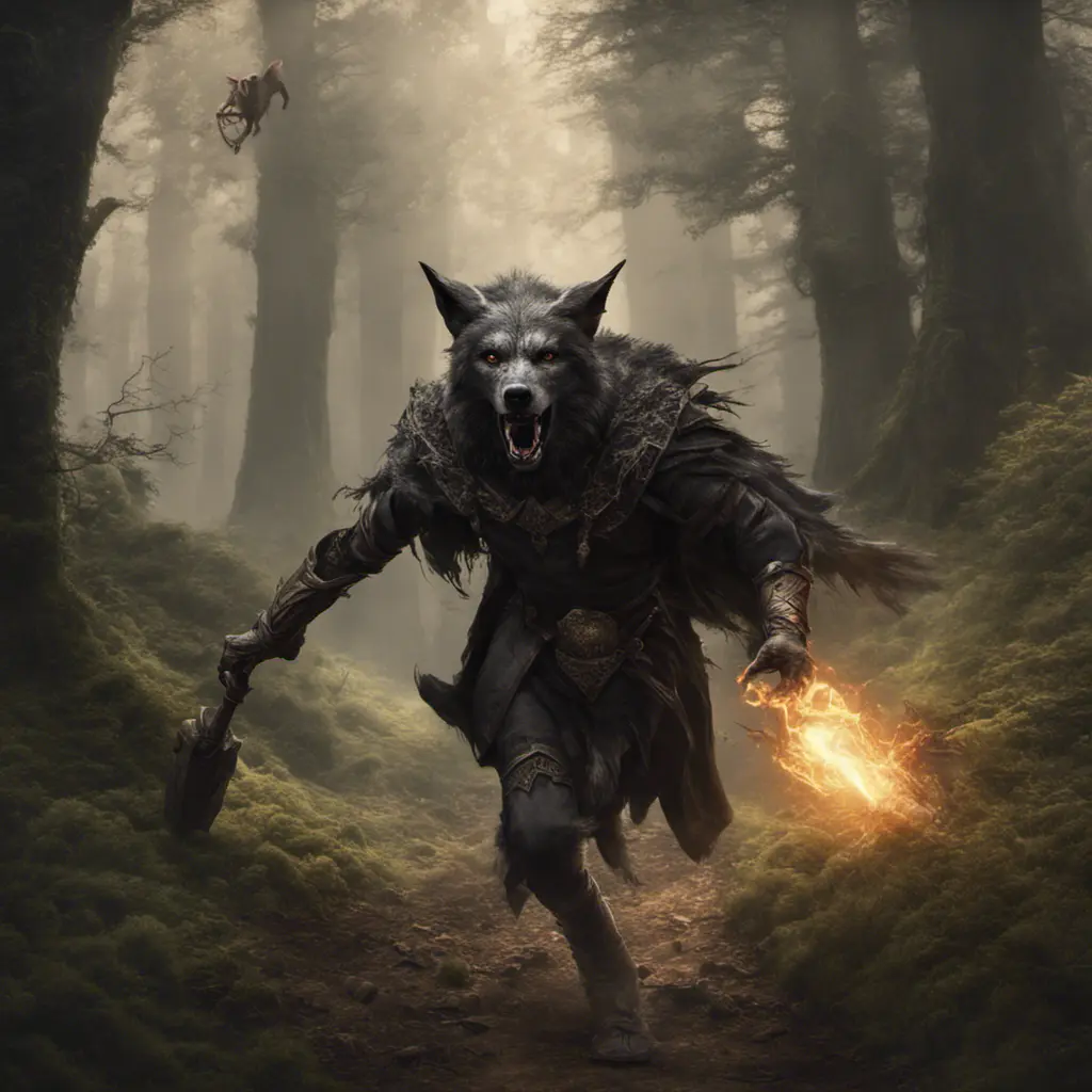 an a old dark elf running into the wood being pursuit by a wolf and humans with an torch. About middle earth, 8k, Gothic and Fantasy, Beautiful, Sci-Fi, Photo Realistic by Greg Rutkowski