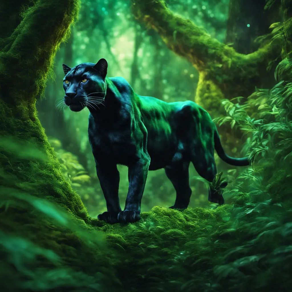 Panther in a luscious green magical forest, Highly Detailed, Bokeh effect, Sharp Focus, Volumetric Lighting, Fantasy by Greg Rutkowski