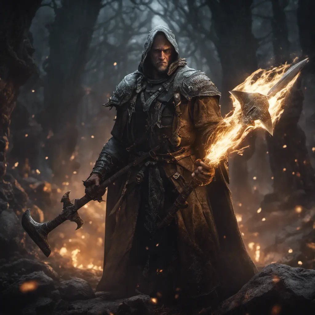 Portrait of a battlemage in a dark-fantasay world during his last standoff ,leading an army of light against demons. Holding two Axes, 8k, Gothic and Fantasy, Elden Ring, Photo Realistic, Dynamic Lighting by Greg Rutkowski