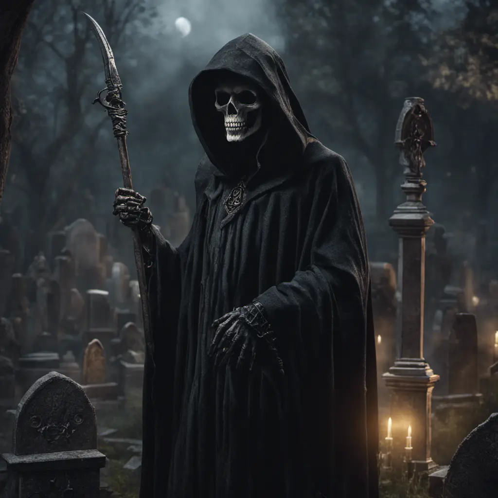 Portrait of the grim reaper in a graveyard, 8k, Gothic and Fantasy, Elden Ring, Photo Realistic, Dynamic Lighting by Greg Rutkowski