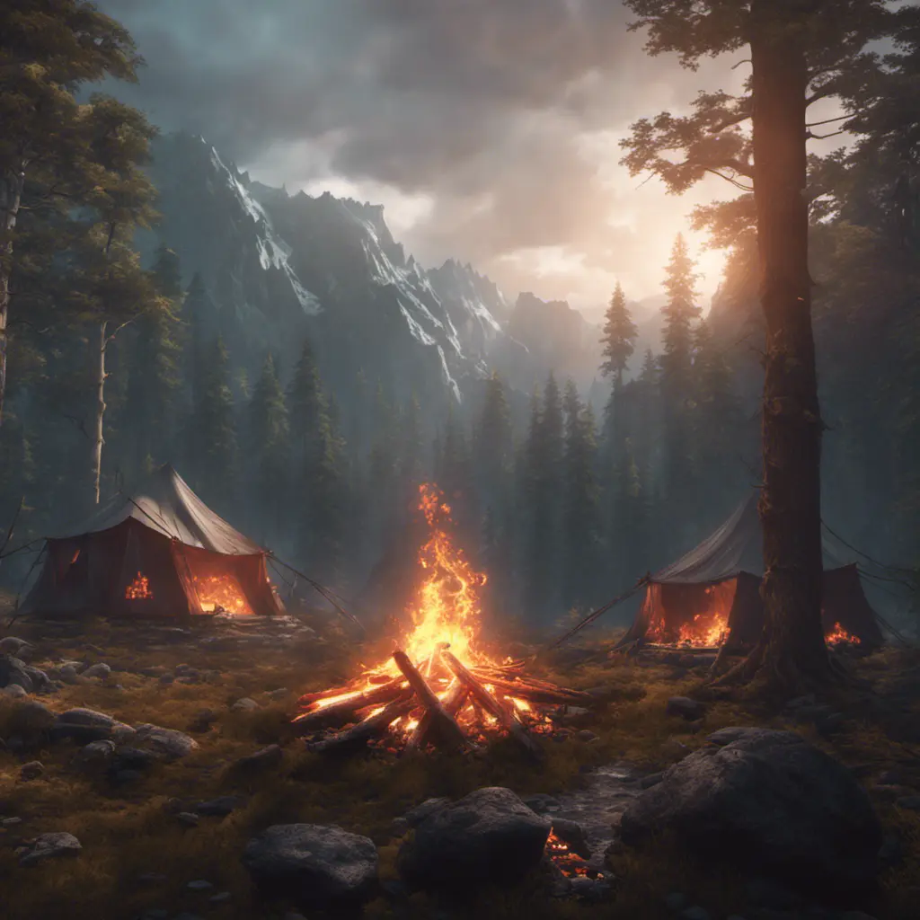 A highly detailed matte painting of a camp fire in an epic mountain forest, 4k resolution, Masterpiece, Trending on Artstation, Cyberpunk, Octane Render, Volumetric Lighting