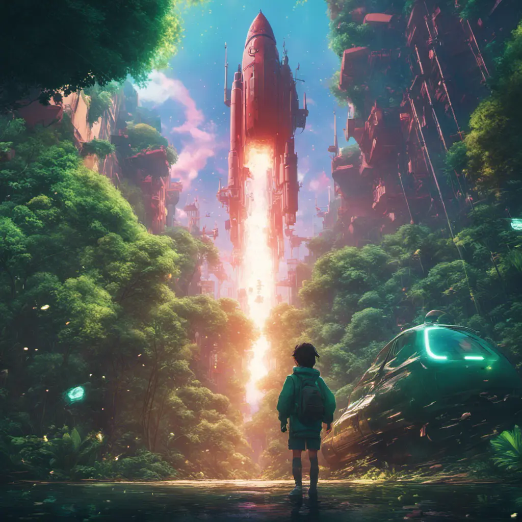 Studio ghibli, rocket explosion, jungle, solar, green technology, optimist future, 8k, Bokeh effect, Cinematic Lighting, Iridescence, Vibrant by Beeple, Dan Mumford, Greg Rutkowski, WLOP