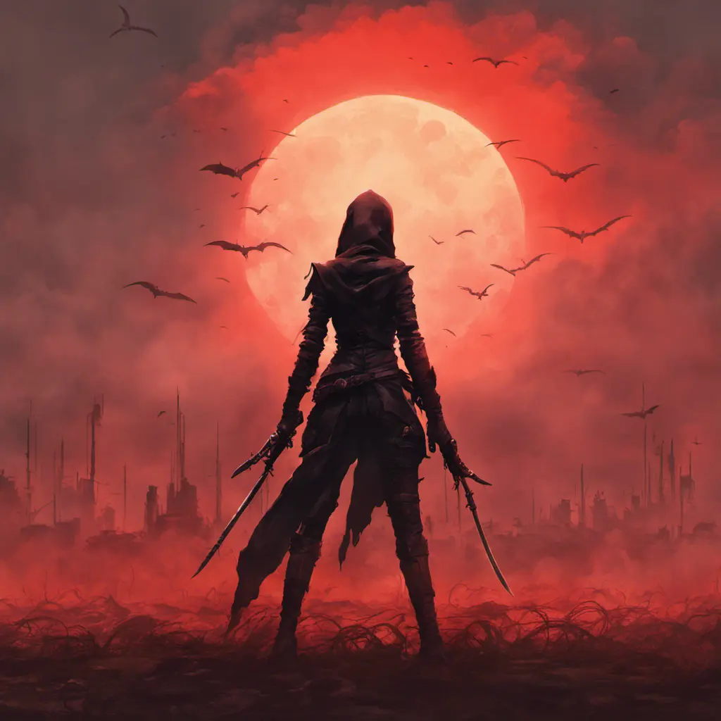 Back view of a female assassin on a bloody batte field. The sky is colored by a red sun set, Dystopian, Volumetric Lighting