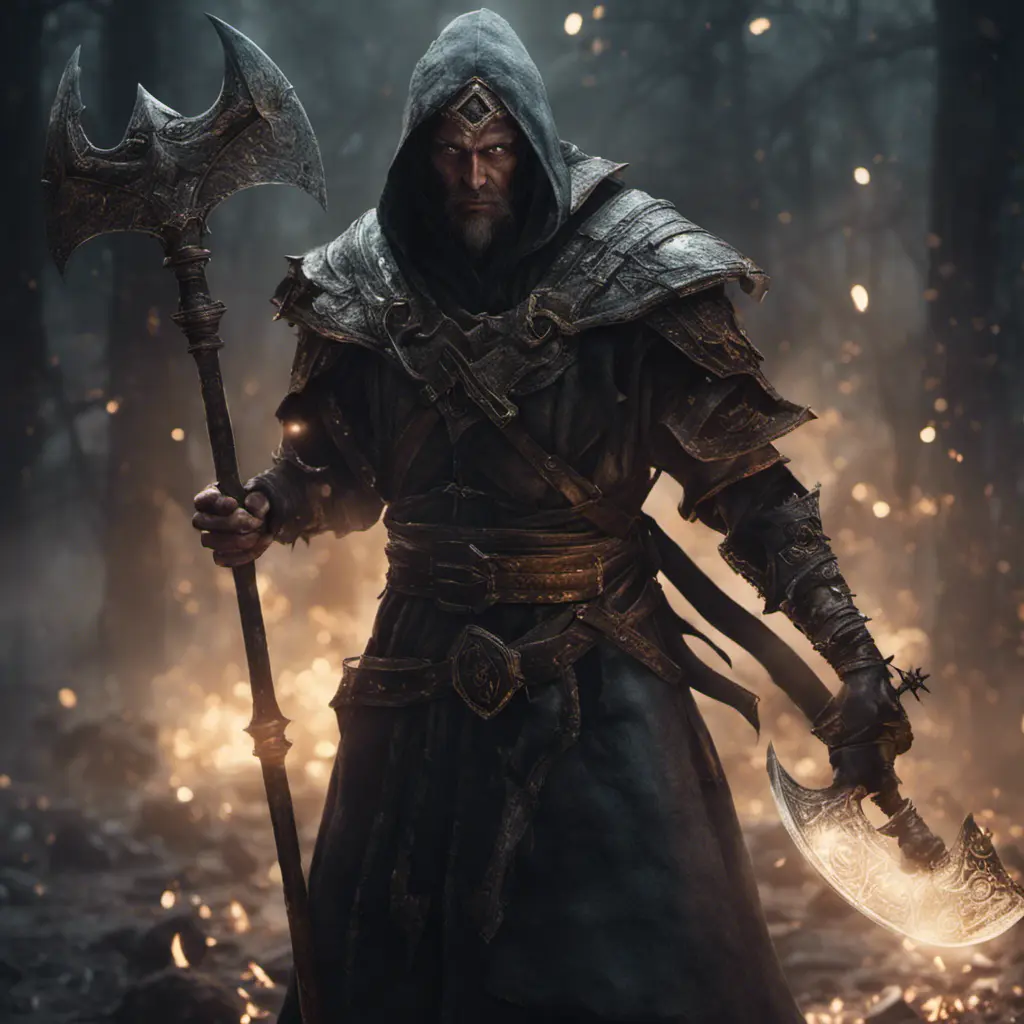 Portrait of a battlemage in a dark-fantasay world during his last standoff ,leading an army of light against demons. Holding two Axes, 8k, Gothic and Fantasy, Elden Ring, Photo Realistic, Dynamic Lighting by Greg Rutkowski